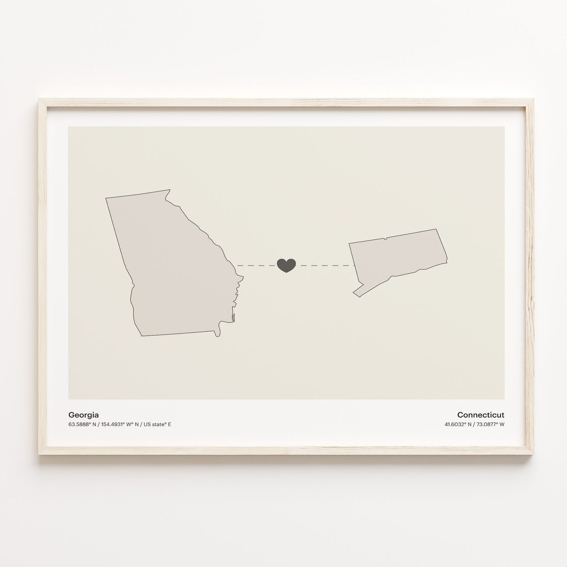 Georgia Connecticut Minimalist Long Distance Love Heart Map Poster