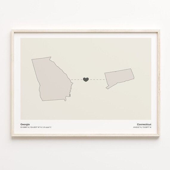 Georgia Connecticut Minimalist Long Distance Love Heart Map Poster