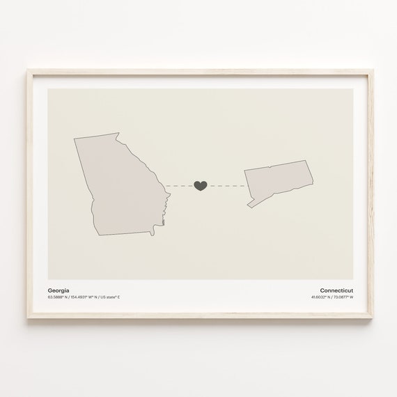 Georgia To Connecticut Print Connecticuter Gift Minimalistic State Connection Map Poster Travel Wall Art Volunteer C211565