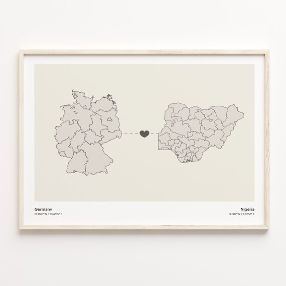 Germany to Nigeria Long Distance Heart Connection Map Poster