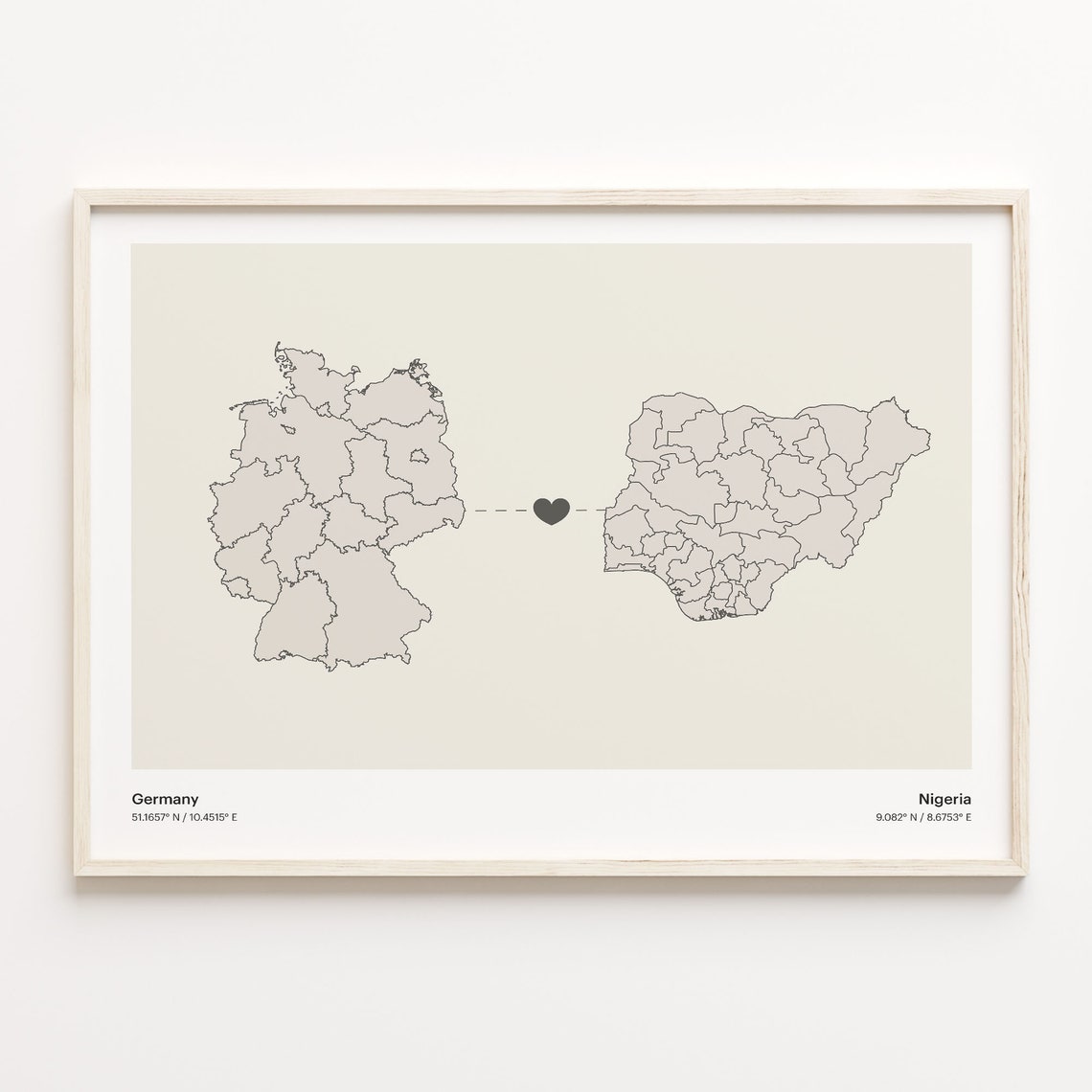 Germany to Nigeria Long Distance Heart Connection Map Poster