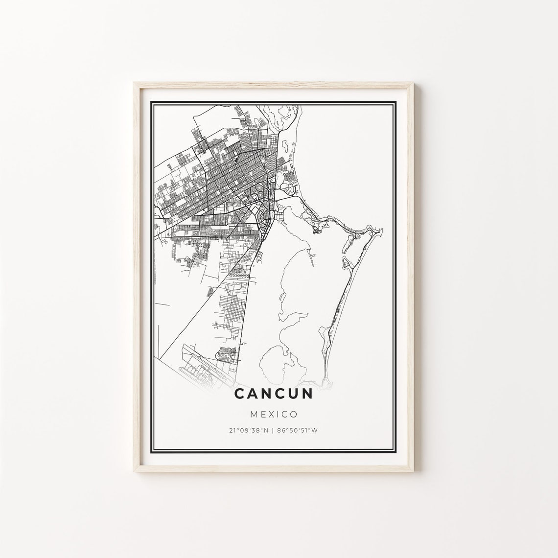 Cancun Mexico Modern Black And White City Map Street Art Poster