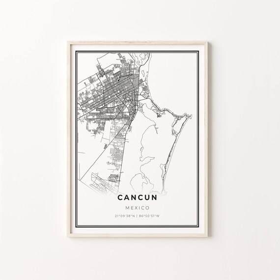 Cancun Mexico Modern Black And White City Map Street Art Poster