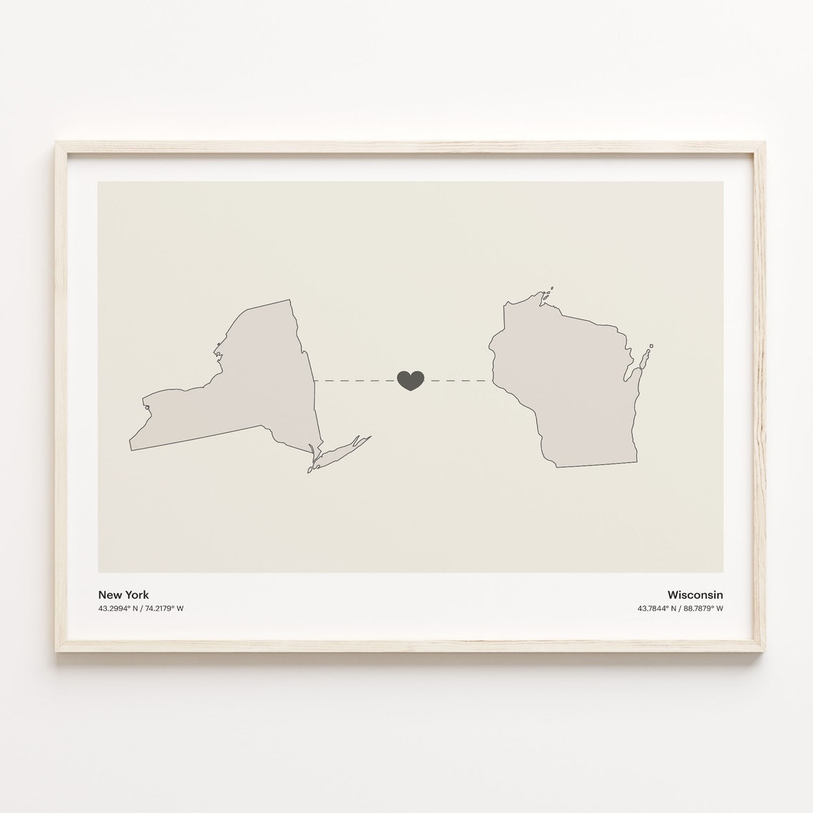 New York Wisconsin Beige Minimalist Heart Connection Map Poster