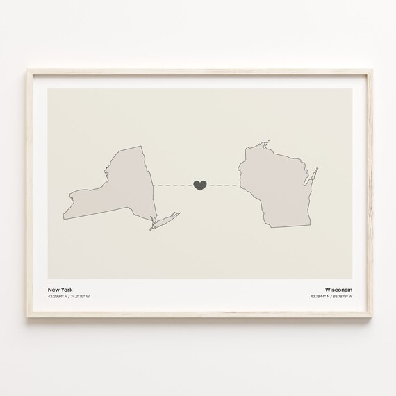 New York Wisconsin Beige Minimalist Heart Connection Map Poster