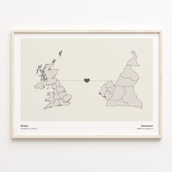 Britain to Cameroon Heart Connection Long Distance Map Poster