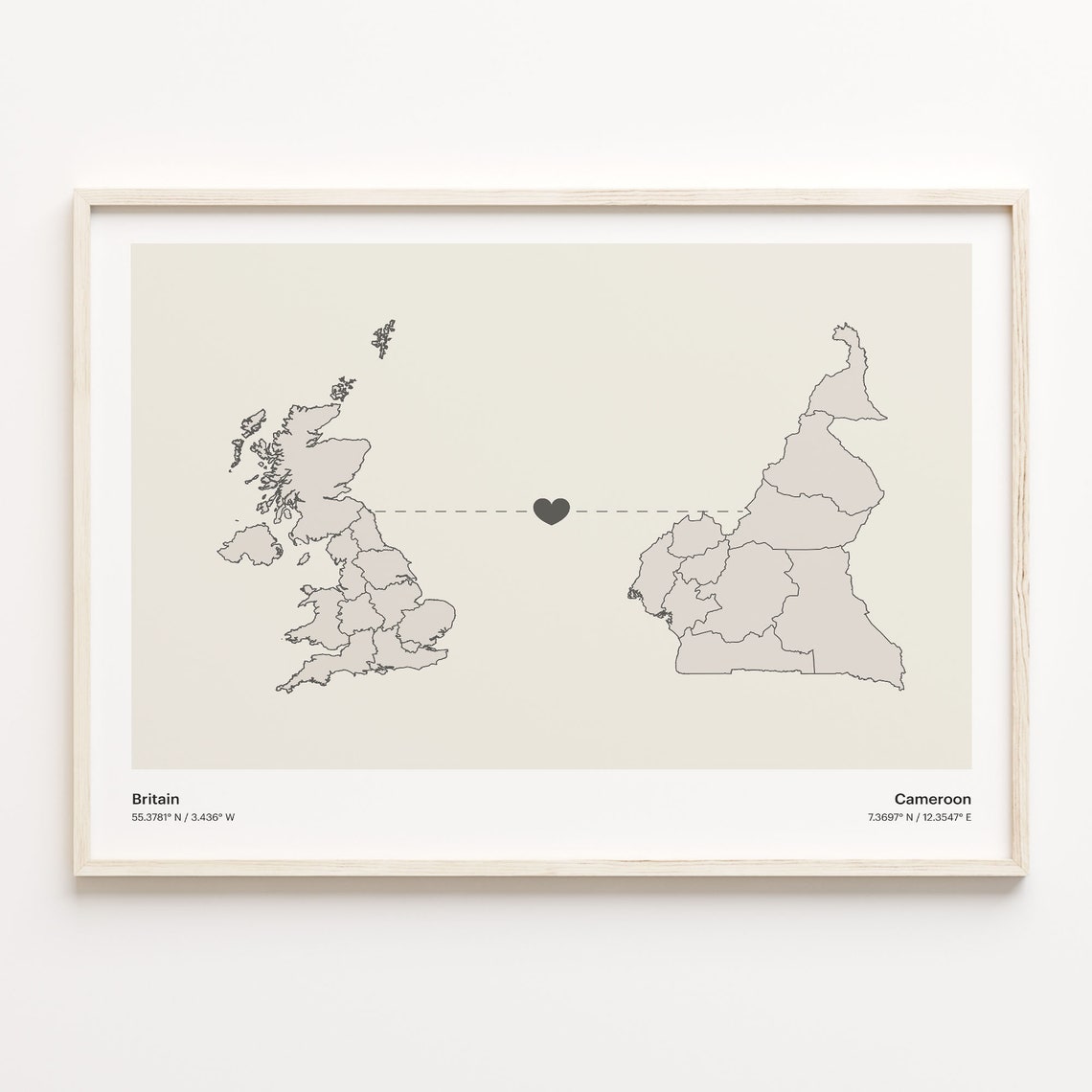 Britain to Cameroon Heart Connection Long Distance Map Poster