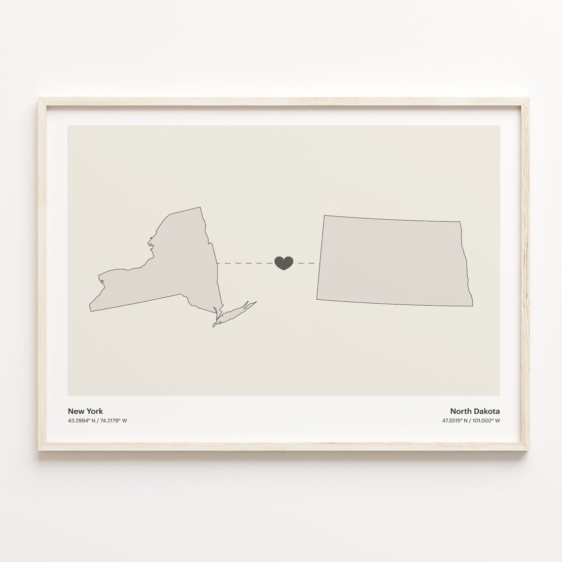 New York to North Dakota Heart Map Long Distance Love Poster