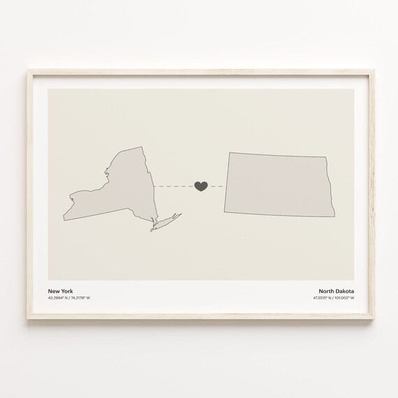 New York to North Dakota Heart Map Long Distance Love Poster