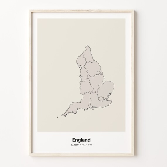 England Minimalist Country Map Line Art Travel Coordinates Gift Poster