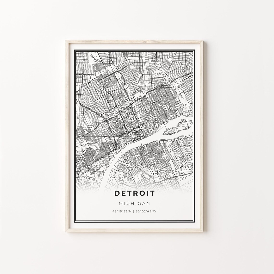 Detroit City Map Poster, Modern Black and White
