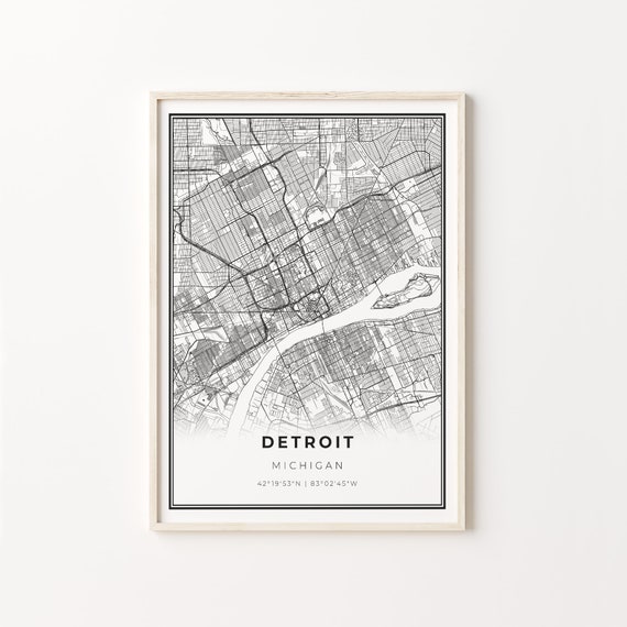 Detroit City Map Poster, Modern Black and White