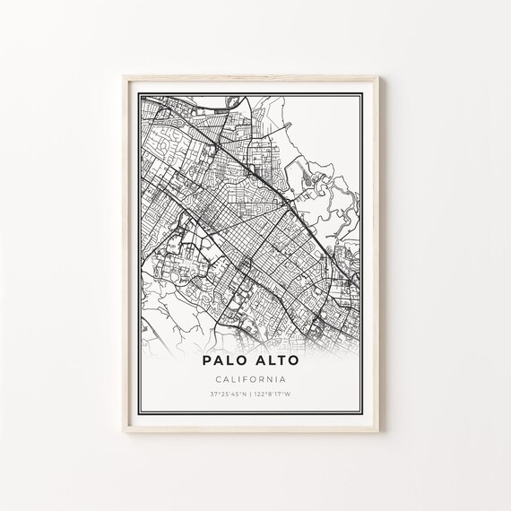 Palo Alto California Modern Minimalist Black and White City Map Poster