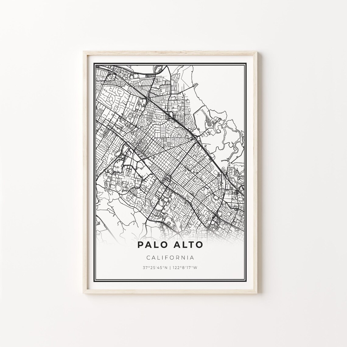 Palo Alto California Modern Minimalist Black and White City Map Poster