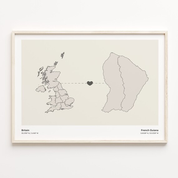 Britain To French Guiana Minimalistic Heart Love Connection Map Poster