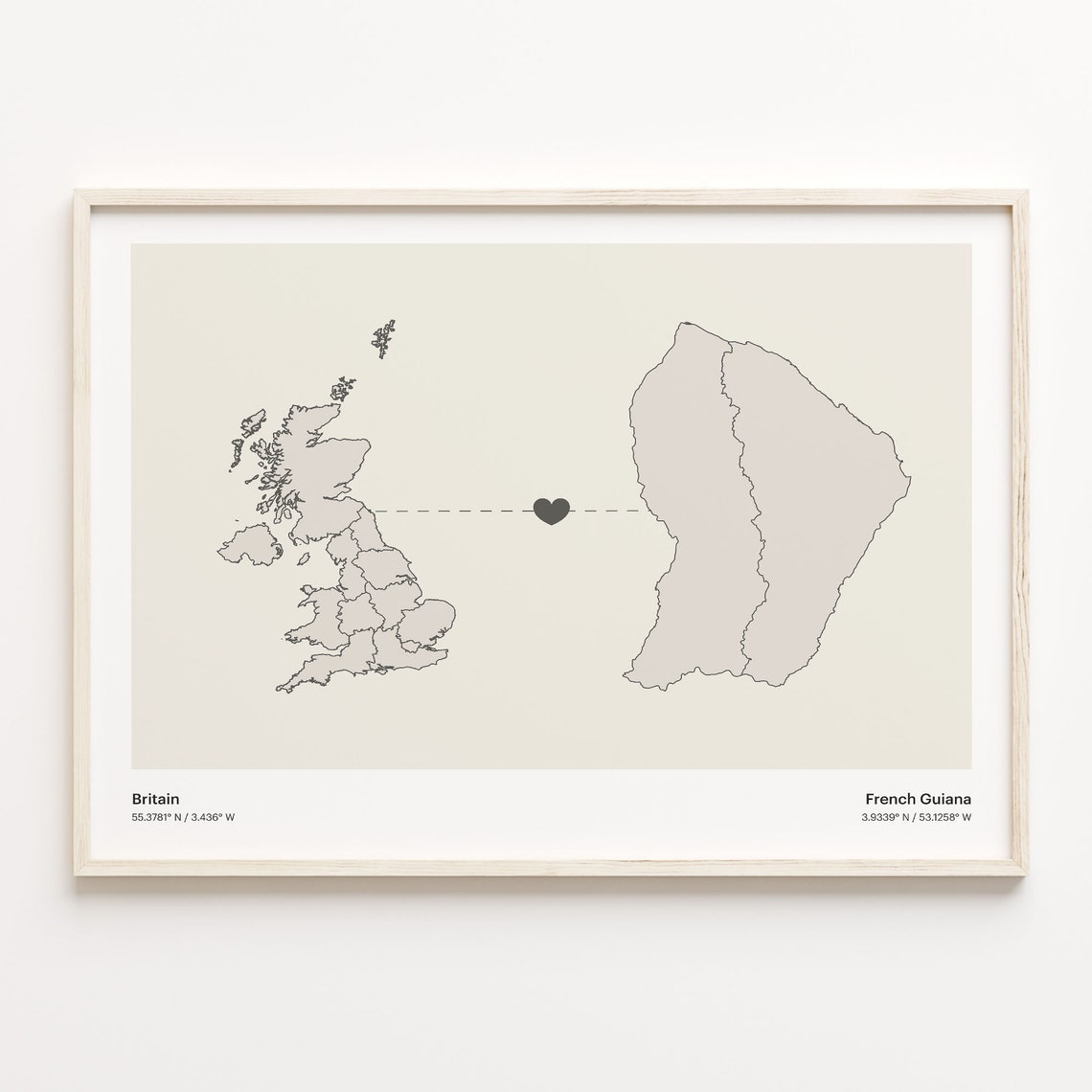 Britain To French Guiana Minimalistic Heart Love Connection Map Poster