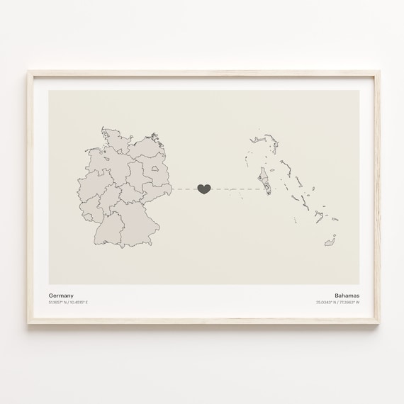 Germany To Bahamas Minimalist Country Heart Connection Map Poster