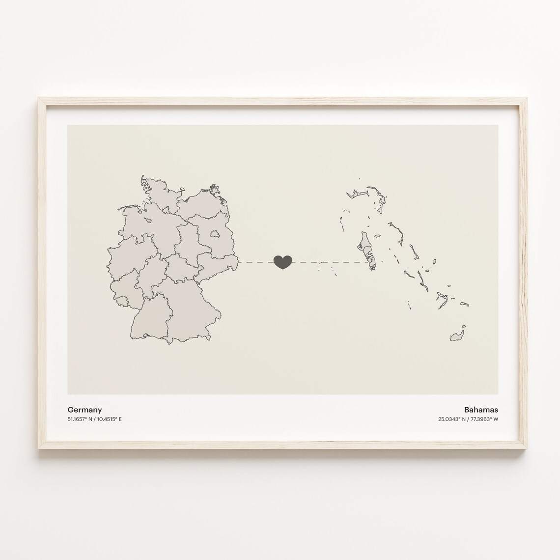 Germany To Bahamas Minimalist Country Heart Connection Map Poster
