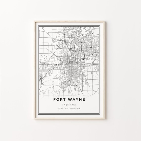 Fort Wayne Indiana Modern Minimalist Black White Street Map Poster