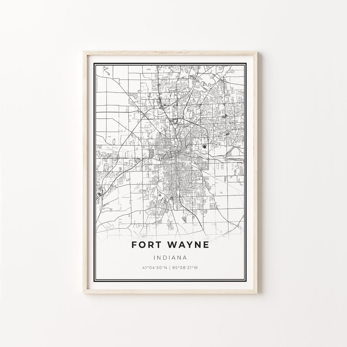 Fort Wayne Indiana Modern Minimalist Black White Street Map Poster