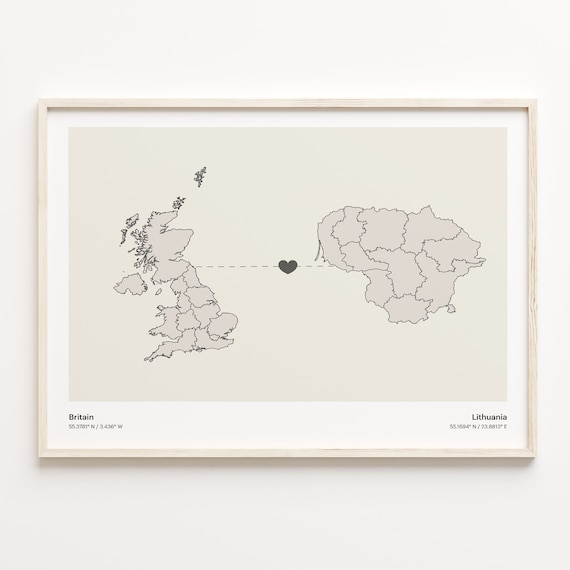 Britain Lithuania Long Distance Love Heart Minimalist Map Poster