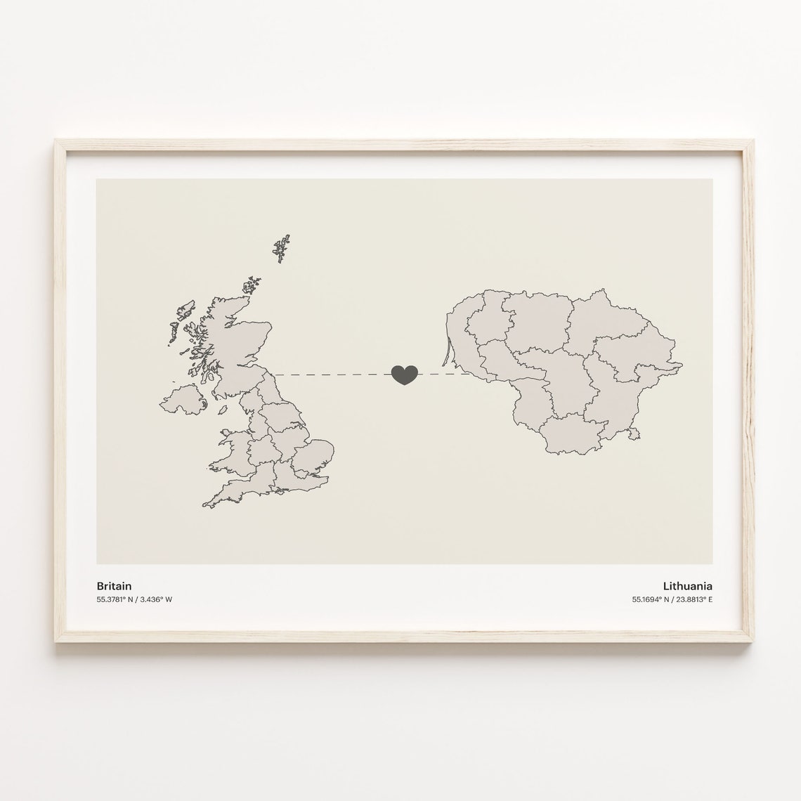 Britain Lithuania Long Distance Love Heart Minimalist Map Poster
