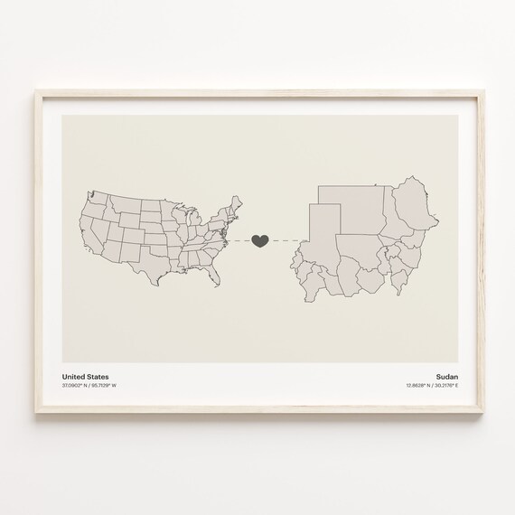 United States to Sudan Heart Connection Minimalist Country Map Poster