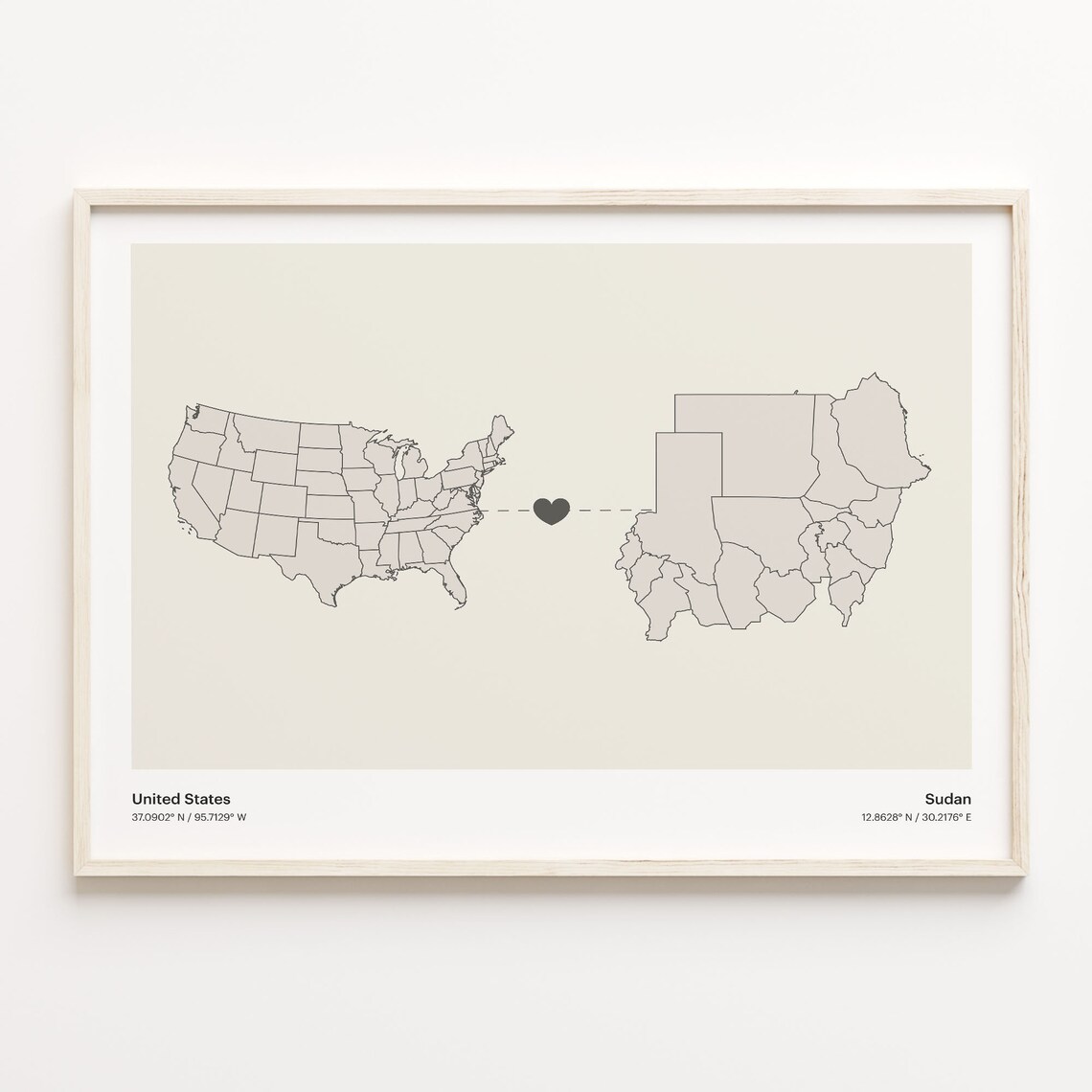 United States to Sudan Heart Connection Minimalist Country Map Poster