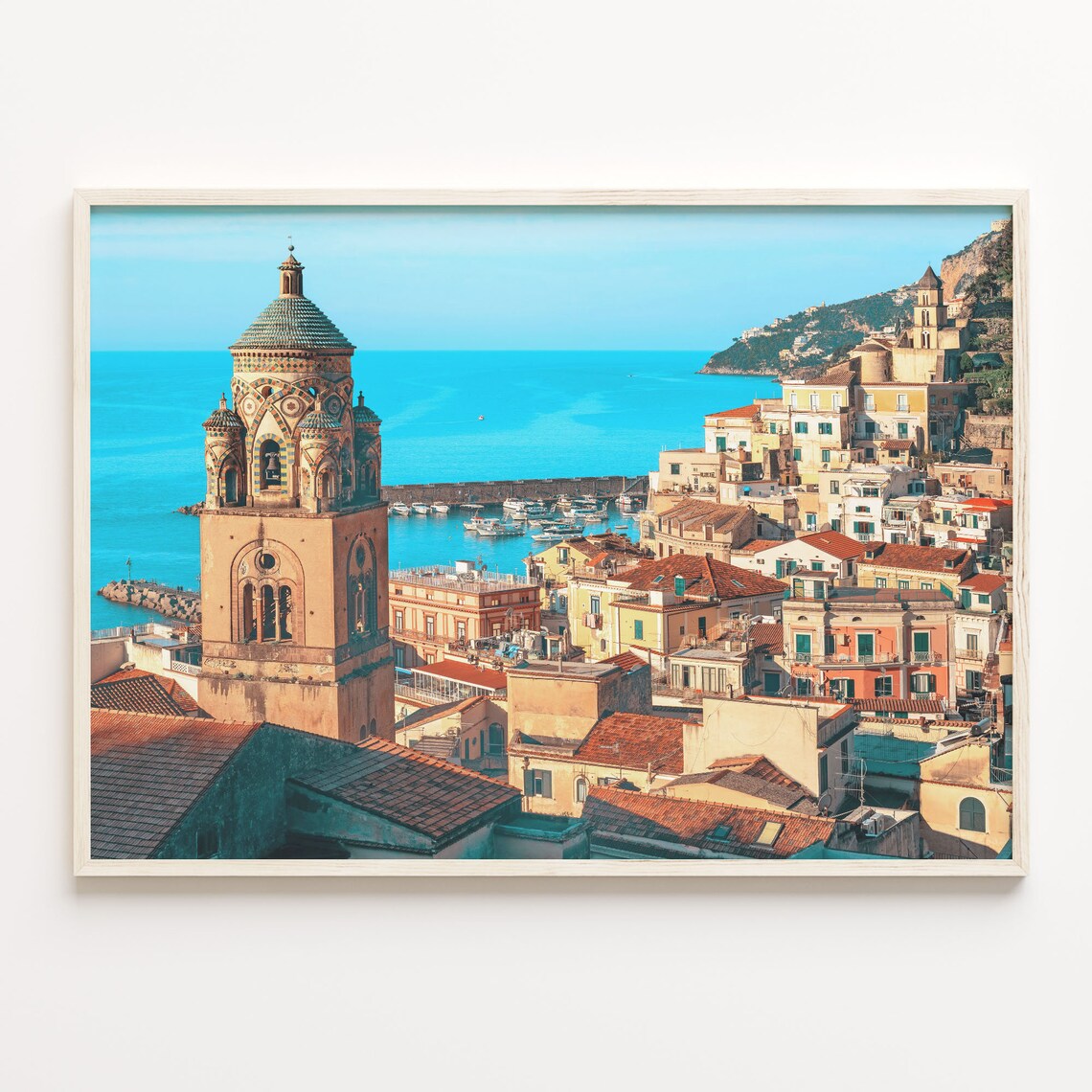 Amalfi Coast Italy Colorful Duomo Bell Tower Harbor Photo Poster