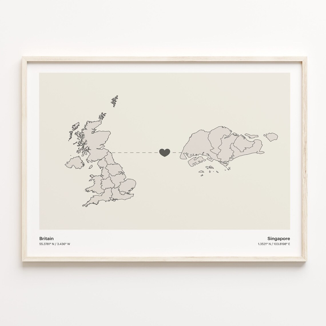 Britain to Singapore Minimalist Long Distance Heart Connection Map Poster
