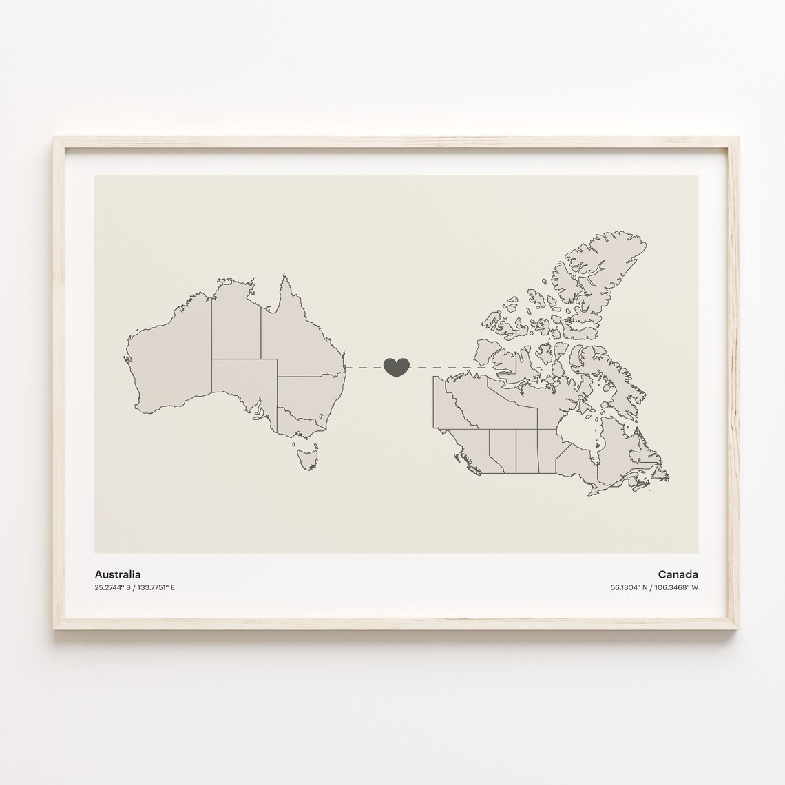 Australia To Canada Connection Map, Minimalist Travel Poster