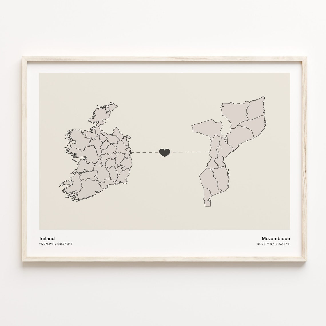 Ireland To Mozambique Minimalist Heart Long Distance Connection Poster