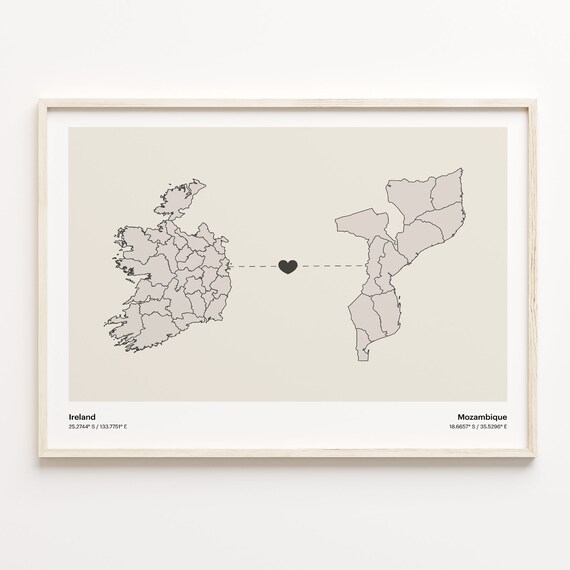 Ireland To Mozambique Minimalist Heart Long Distance Connection Poster