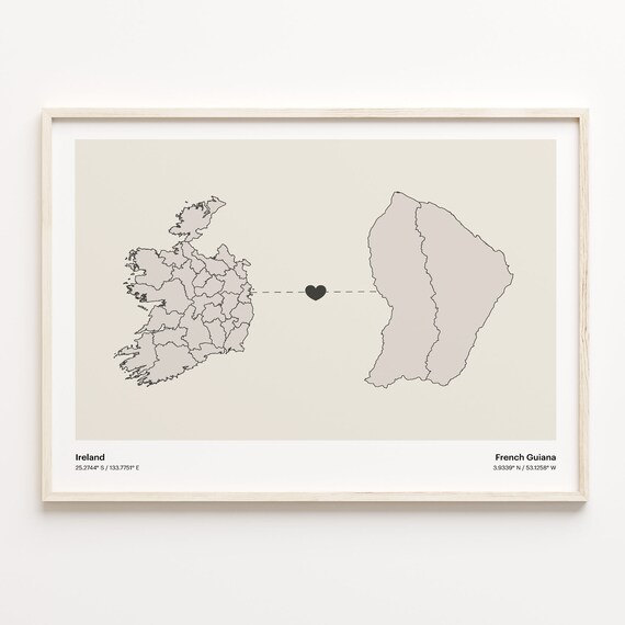 Ireland to French Guiana Heartfelt Long Distance Connection Map Poster