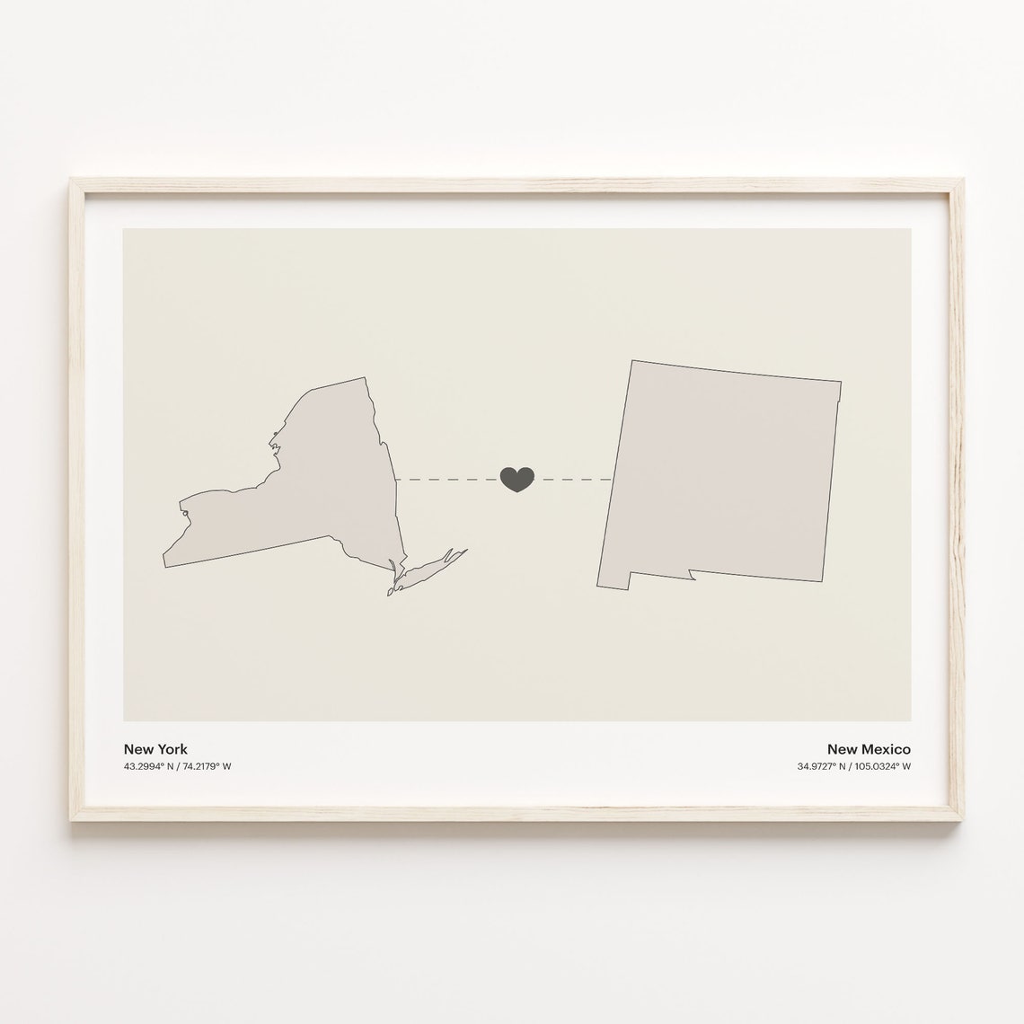 New York New Mexico Beige Minimalist Heart Connection Map Poster