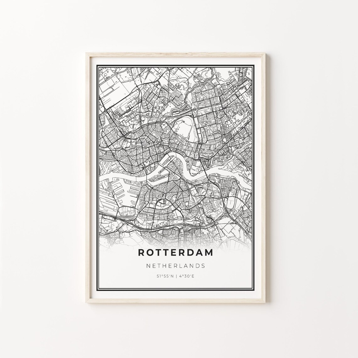 Rotterdam Netherlands Modern Black And White Street Map Coordinates Poster