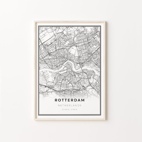 Rotterdam Netherlands Modern Black And White Street Map Coordinates Poster