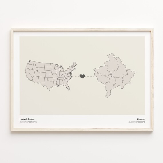 United States to Kosovo Minimalist Long Distance Love Map Poster