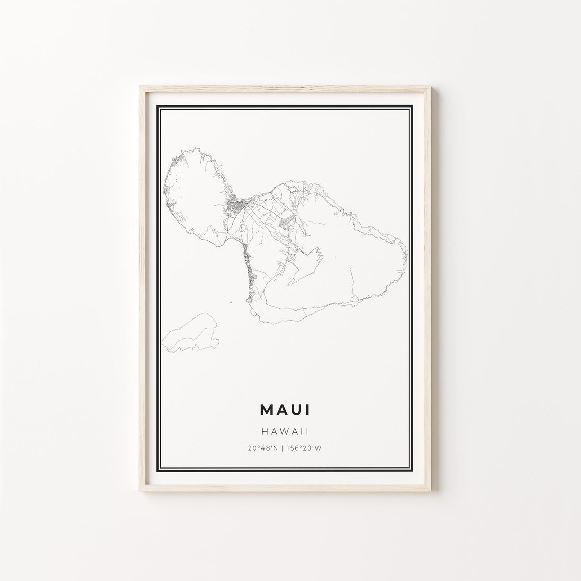 Maui Hawaii Minimalist Black White Island Outline Map Poster
