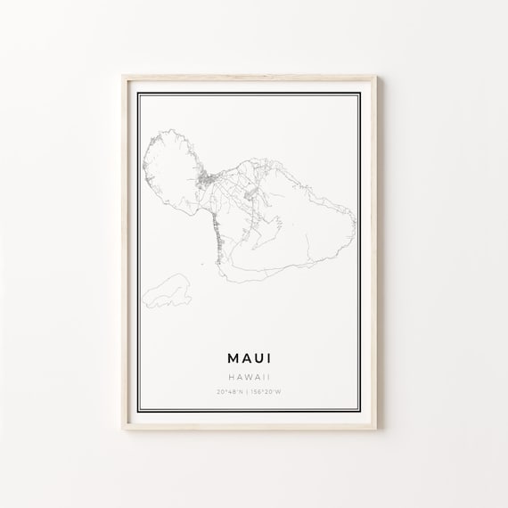 Maui Hawaii Minimalist Black White Island Outline Map Poster
