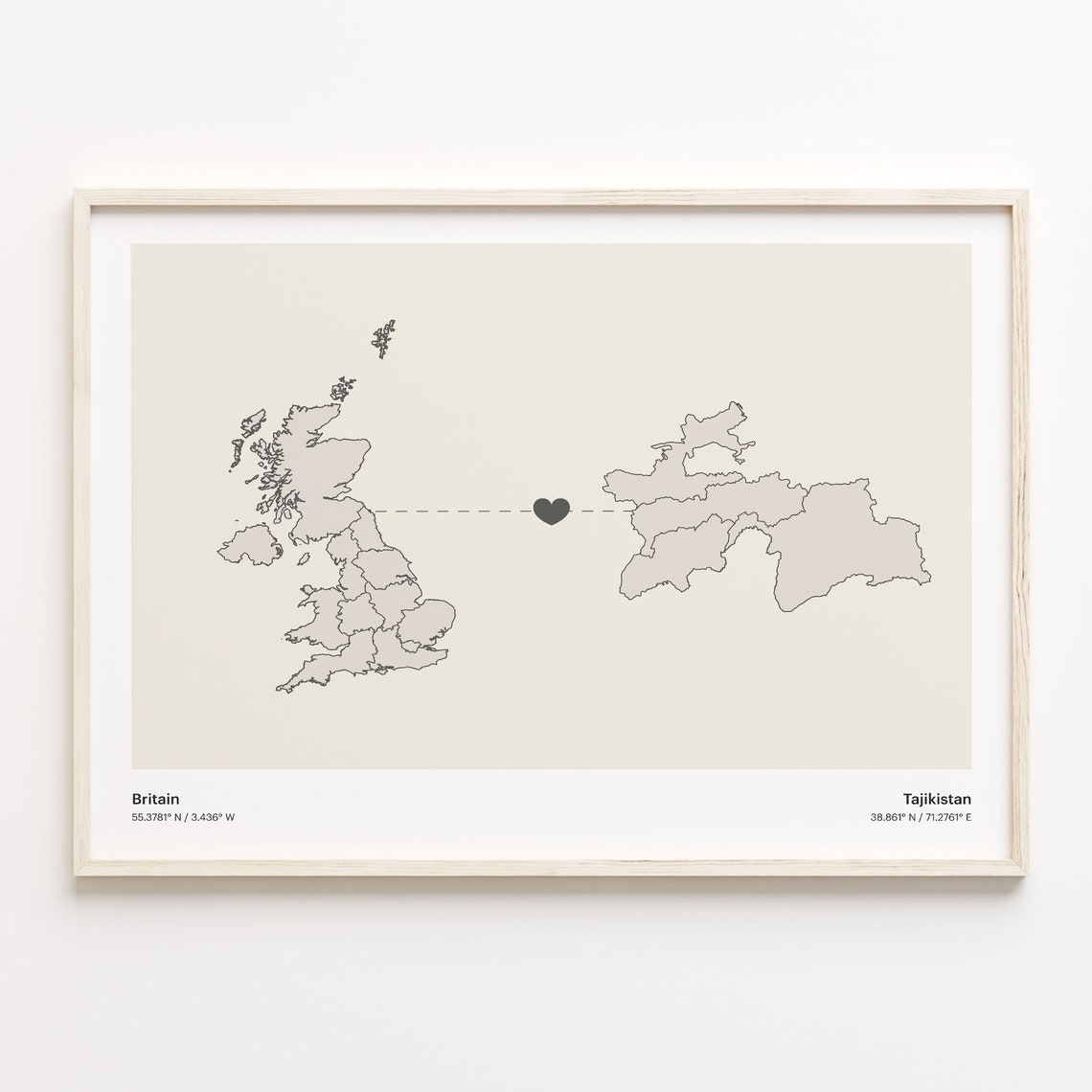 Britain Tajikistan Heart Connection Long Distance Love Map Poster