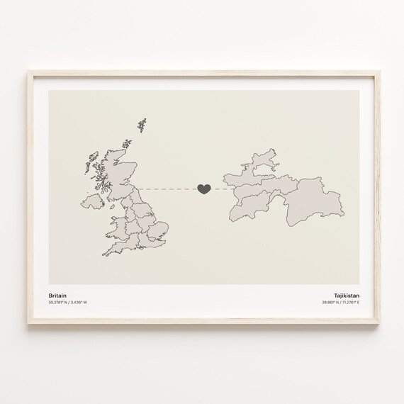 Britain Tajikistan Heart Connection Long Distance Love Map Poster