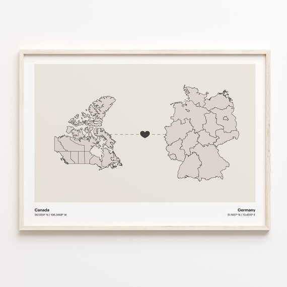 Beautiful Canada Germany Long Distance Heart Connection Map Poster