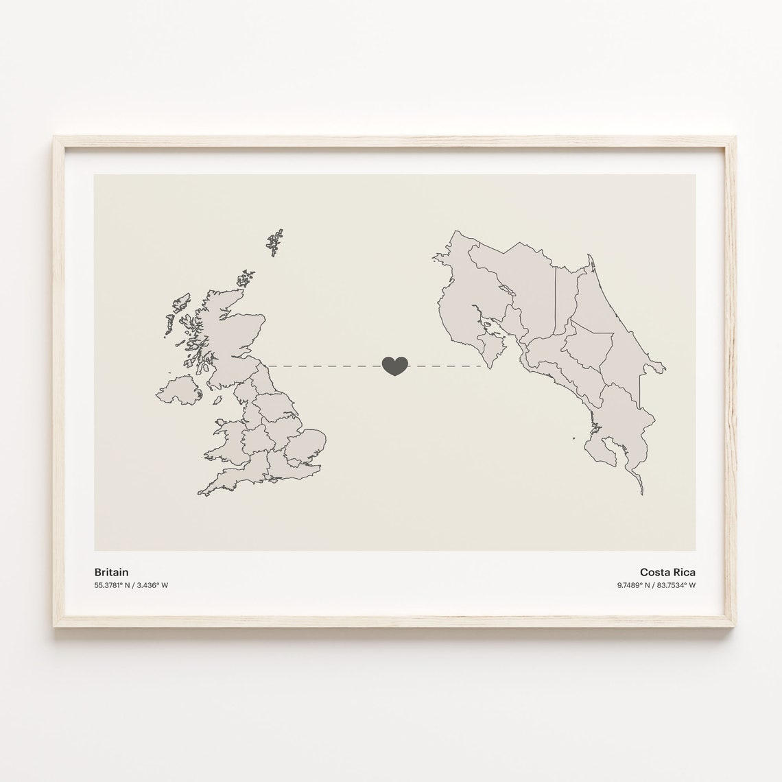Britain To Costa Rica Minimalist Heart Map Connection Gift Poster