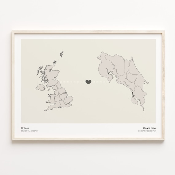Britain To Costa Rica Minimalist Heart Map Connection Gift Poster