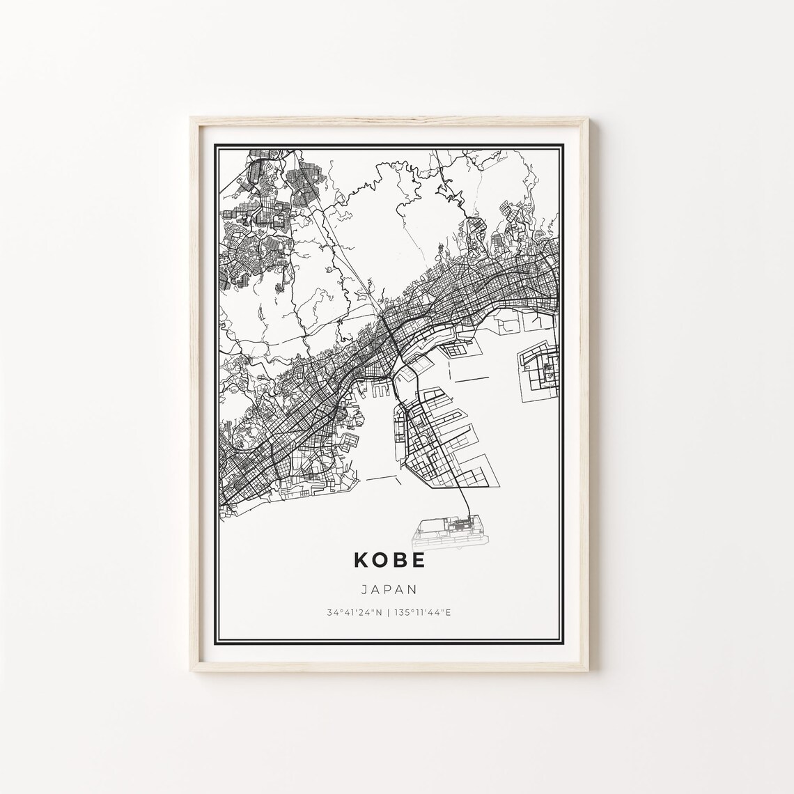 Kobe Japan Minimalist Black White City Street Map Art Poster