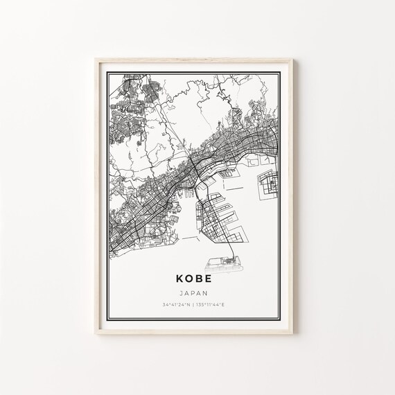 Kobe Japan Minimalist Black White City Street Map Art Poster