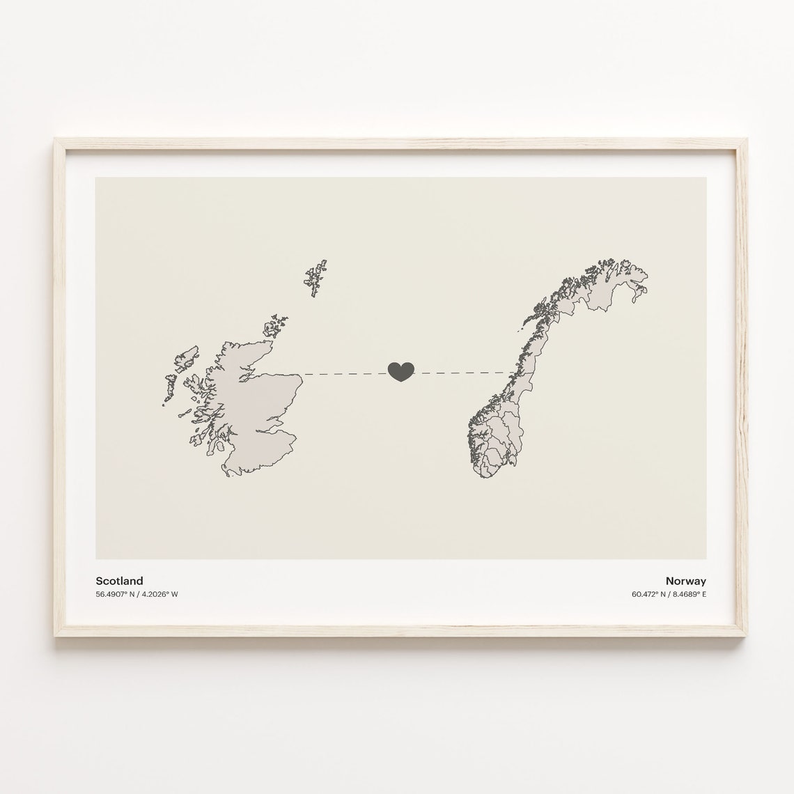 Scotland To Norway Minimalist Heart Map Love Connection Print