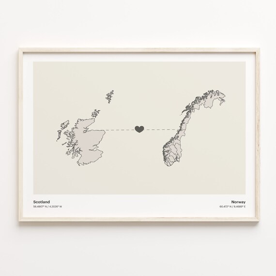 Scotland To Norway Minimalist Heart Map Love Connection Print