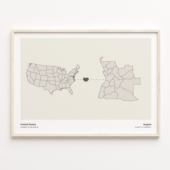 United States to Angola Heart Connection Minimalist Country Map Poster